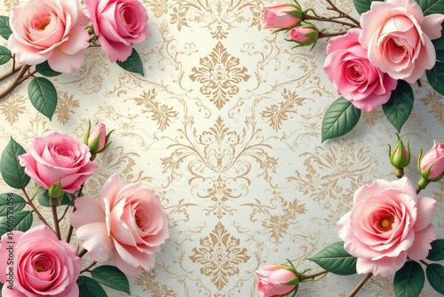 Delicate blush roses repeat on vintage damask , rose pattern, romantic