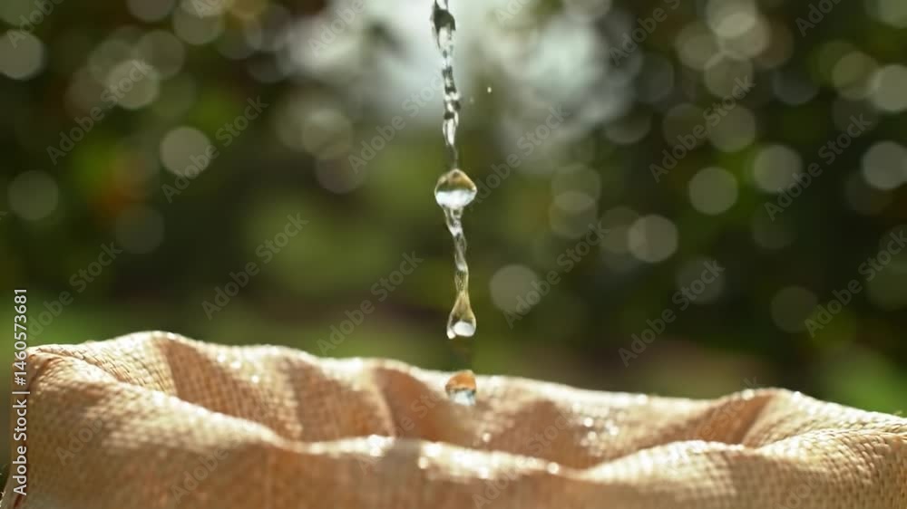 Fresh lemon descends into burlap bag with water dripping under sunlight in a lush garden setting Fresh lemon descends into burlap bag with water dripping under sunlight in a lush garden setting