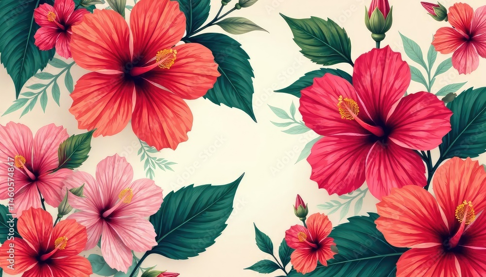 Fototapeta premium Bold, graphic hibiscus blooms in vibrant hues form a striking floral repeat , summer, hibiscus, bold