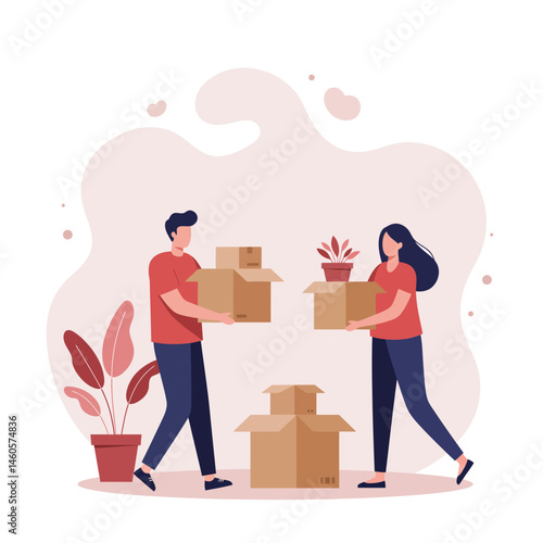 Young man and woman carrying cardboard boxes moving into new home or apartment with plants and neutral background vector illustration 