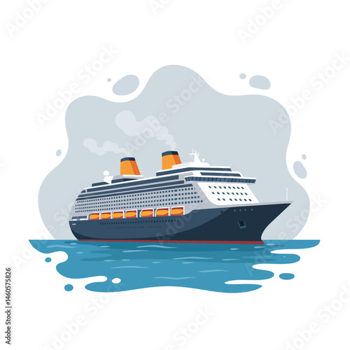 Large passenger cruise ship sailing on calm ocean water vector illustration with smoke stacks and blue background 