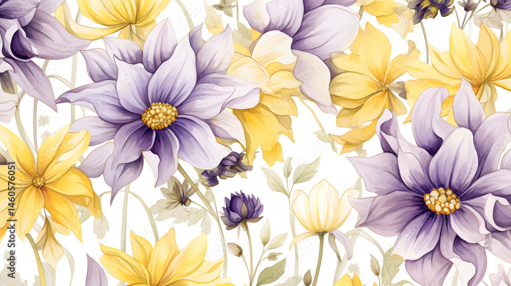 Elegant Seamless Pattern with Soft Pastel Yellow and Lilac Flowers for Design Projects Elegant Seamless Pattern with Soft Pastel Yellow and Lilac Flowers for Design Projects