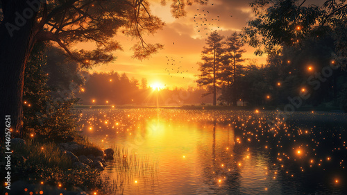 Fantasy wallpaper of a magical sunset reflecting on a lake, with fireflies illuminating the forest