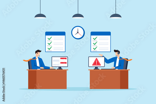 Flat illustration of support staff solving technical issues with headset and computer in office with checklist alert sign and chat on screen