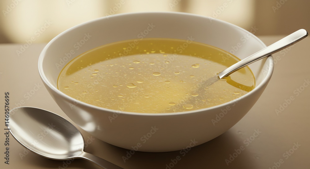 Chicken Broth in White Bowl with Spoon Chicken Broth in White Bowl with Spoon