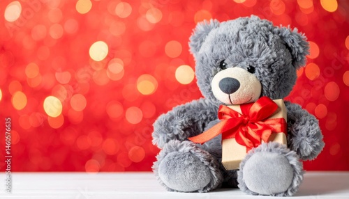 Cute gray teddy bear with gift box on festive red background