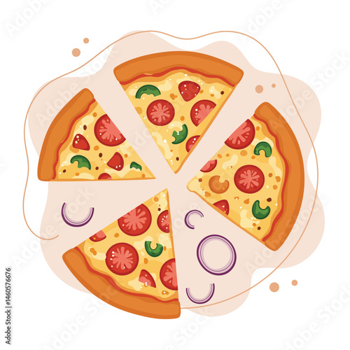 Pizza slices with tomato and green pepper toppings vector illustration of delicious Italian food meal in flat style 