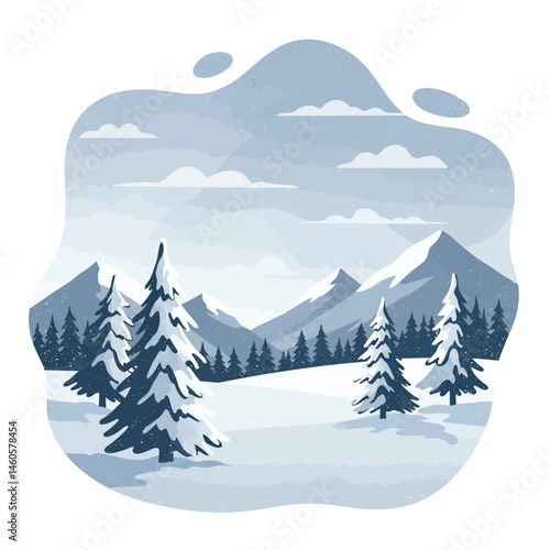 Snow-covered pine trees in winter mountain landscape with cloudy sky vector illustration 