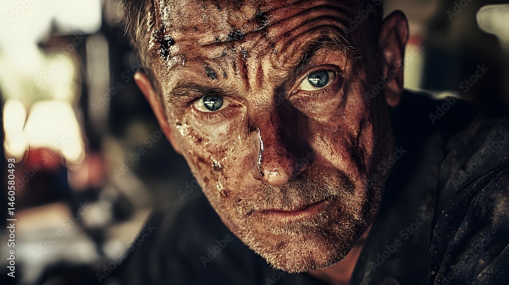 Mechanic's Face with Grease Stains: Portrait of a mechanic's face, with grease stains and a determined expression, set in a garage.
Mechanic's Face with Grease Stains: Portrait of a mechanic's face, with grease stains and a determined expression, set in a garage.