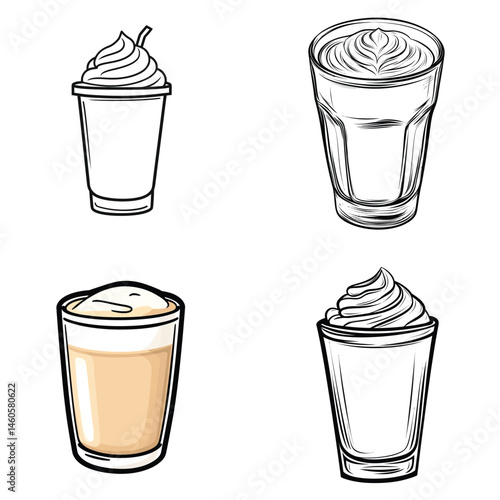 Line Art Coffee Set Various Drinks with Whipped Cream, Latte, and Transparent Background