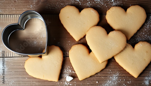 Heart-shaped cookies on rustic wooden background A sweet Valentine's Day treat. Delicious homemade pastries perfect for romantic celebrations.  A delightful visual image, showcasing the details of the photo