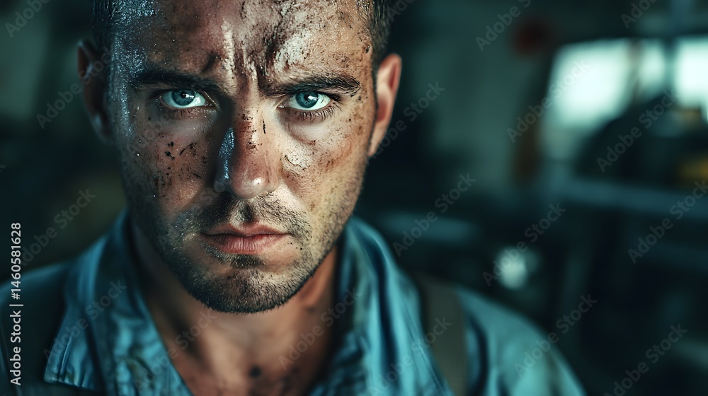 Mechanic's Face with Grease Stains: Portrait of a mechanic's face, with grease stains and a determined expression, set in a garage.
Mechanic's Face with Grease Stains: Portrait of a mechanic's face, with grease stains and a determined expression, set in a garage.