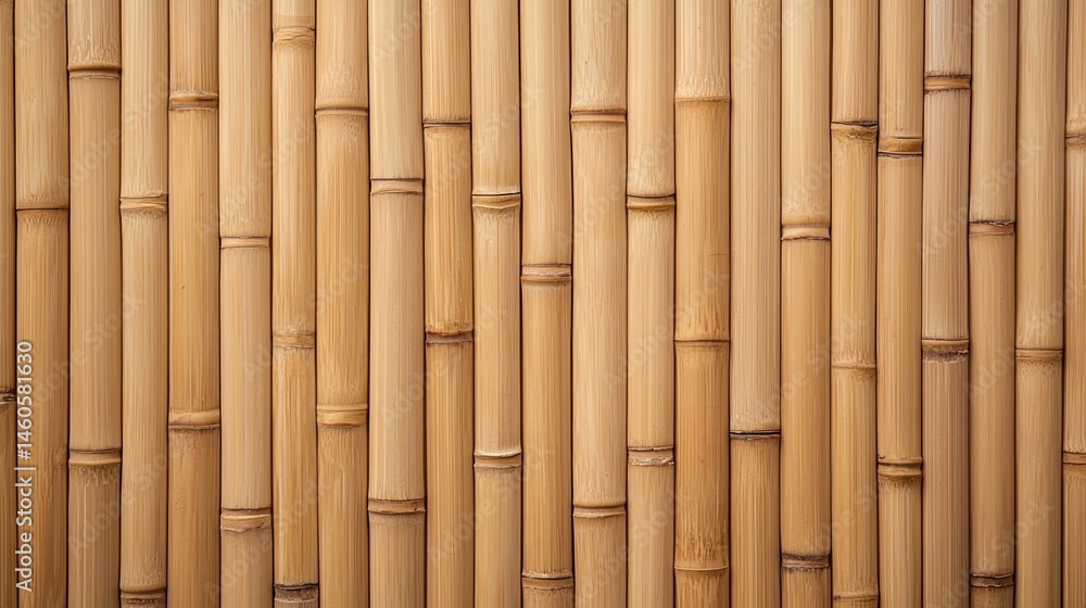 Fototapeta premium Close-up view of a bamboo wall with natural vertical stalks in a warm, earthy tone.
