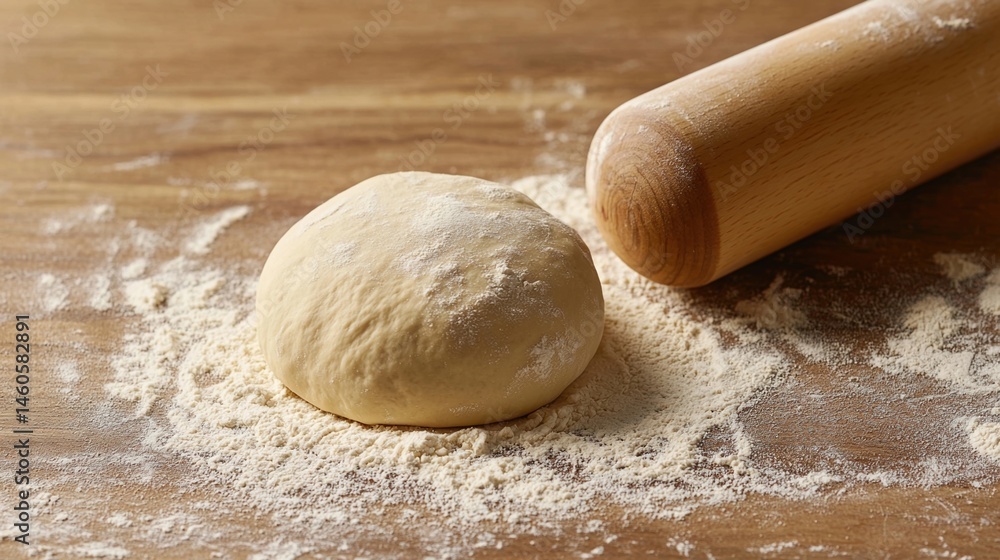 A ball of dough and a rolling pin on a floured wooden surface, ready for baking. A ball of dough and a rolling pin on a floured wooden surface, ready for baking.