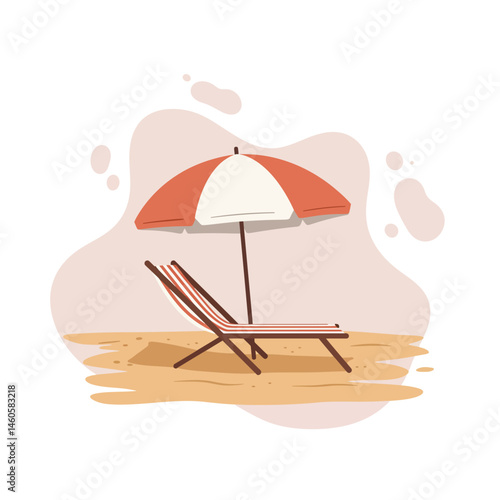 Beach chair with red and white umbrella on sandy shore relaxing summer vacation vector illustration 