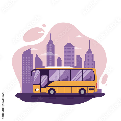 Yellow city bus on road with purple urban skyline background modern transportation vector illustration 