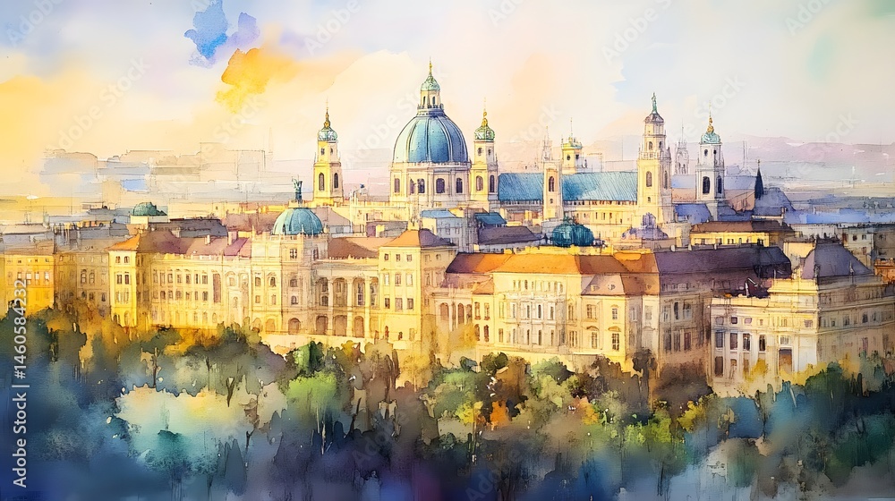 Fototapeta premium A painted cityscape view of a European city's historical structures.