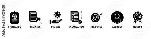 Audit banner web icon vector illustration concept with icon of standards, research, process, examination, objective, account, and quality