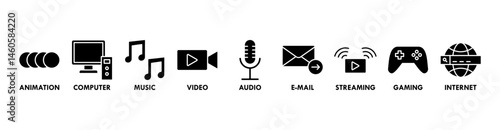 Multimedia banner web icon vector illustration concept with icon of animation, computer, music, video, audio, e-mail, streaming, gaming and internet