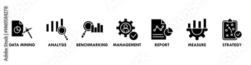 Business Intelligence banner web icon vector illustration concept with icon of data mining, analysis, strategy, measurement, benchmarking, report and management