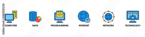 Information Technology banner web icon vector illustration concept with icon of computer, data, programming, internet, network, technology