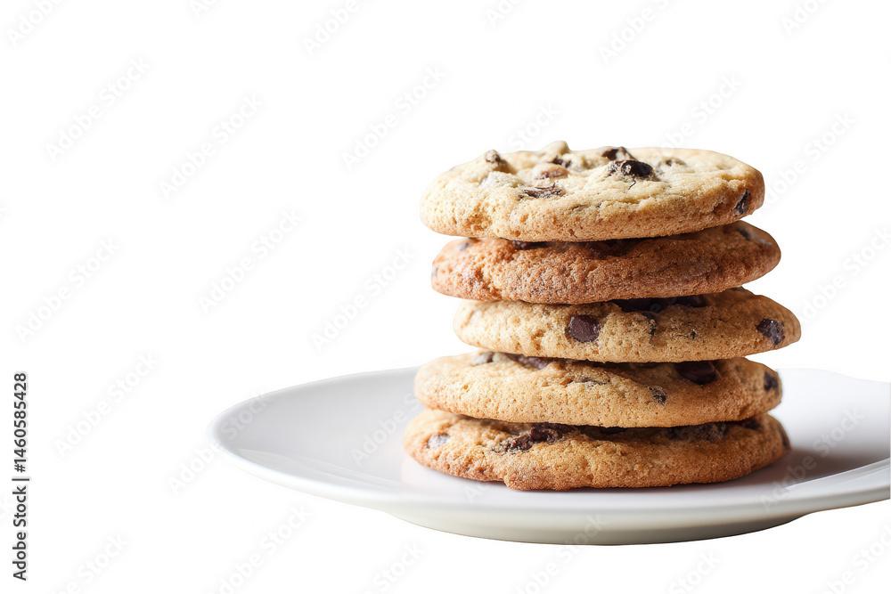 Delicious chocolate chip cookies stacked on white plate food rich dark on transparent background Delicious chocolate chip cookies stacked on white plate food rich dark on transparent background