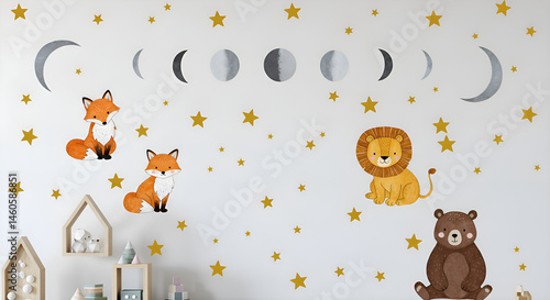 Decorative wall sticker sheet with stars, moons, and animals, displayed on white