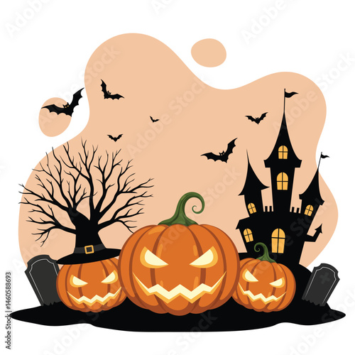 Halloween pumpkin jack o lanterns haunted house bats and spooky tree vector illustration in orange and black colors for autumn celebration 