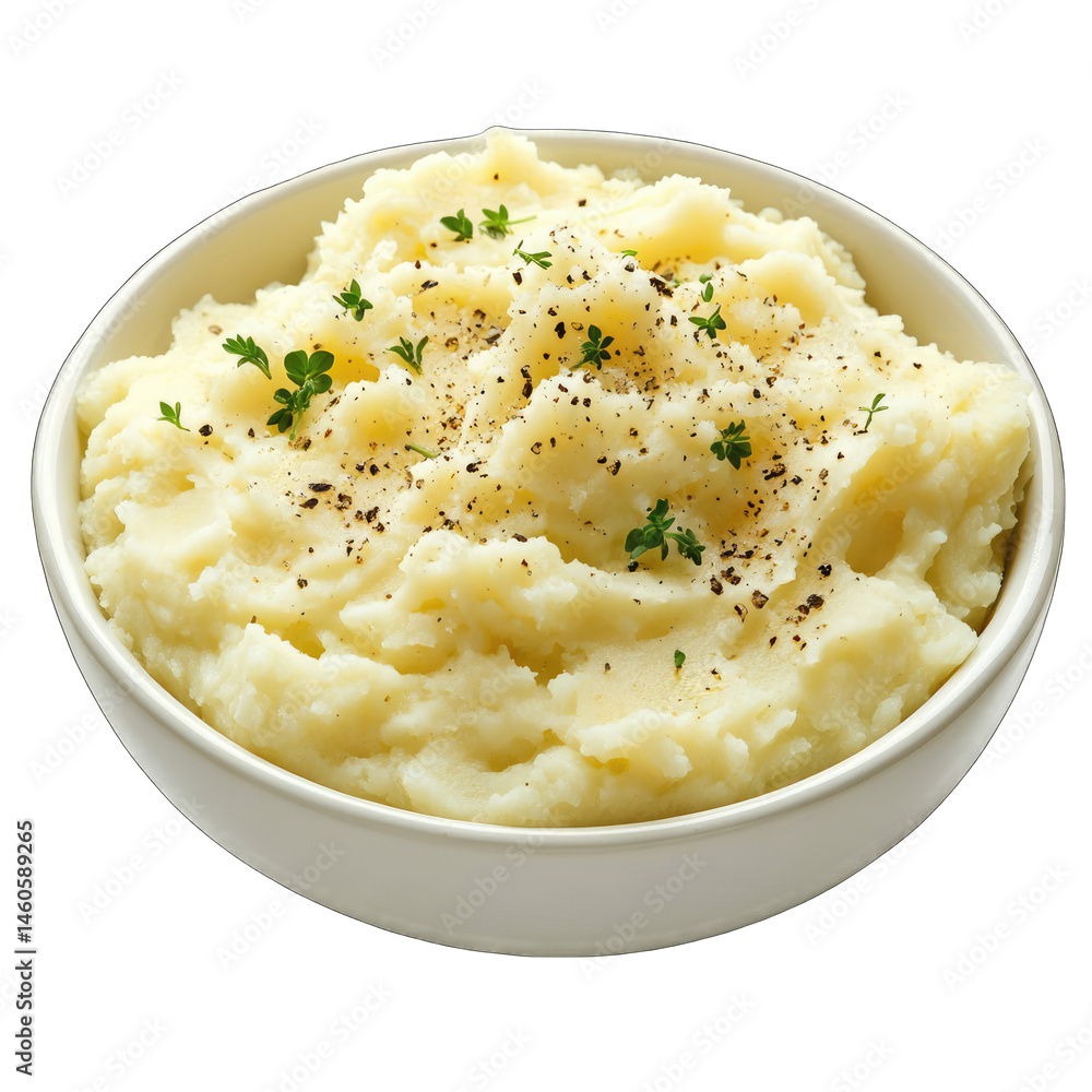 A bowl filled with creamy mashed potatoes garnished with fresh herbs A bowl filled with creamy mashed potatoes garnished with fresh herbs