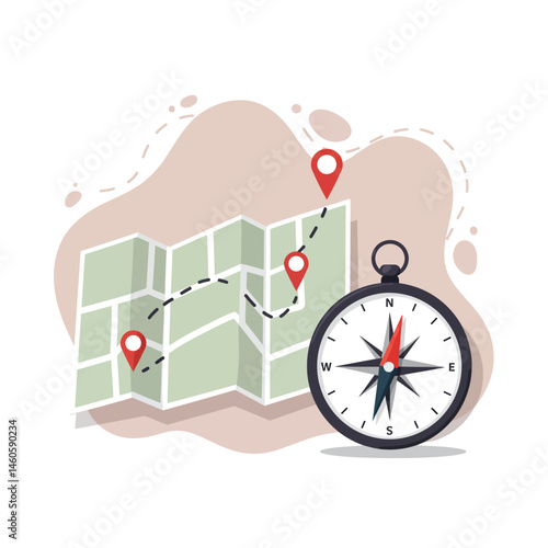 Map with location pins and compass navigation illustration for travel and direction guidance vector design 