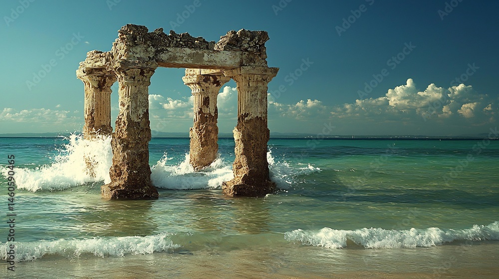 Fototapeta premium Ancient stone temple partially submerged the ocean waves crashing against its pillars cinematic mystical ruins