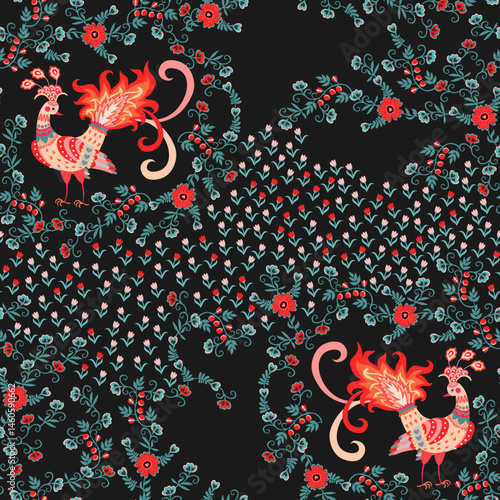Seamless natural pattern with fairy birds and small flowers on a black backgr...