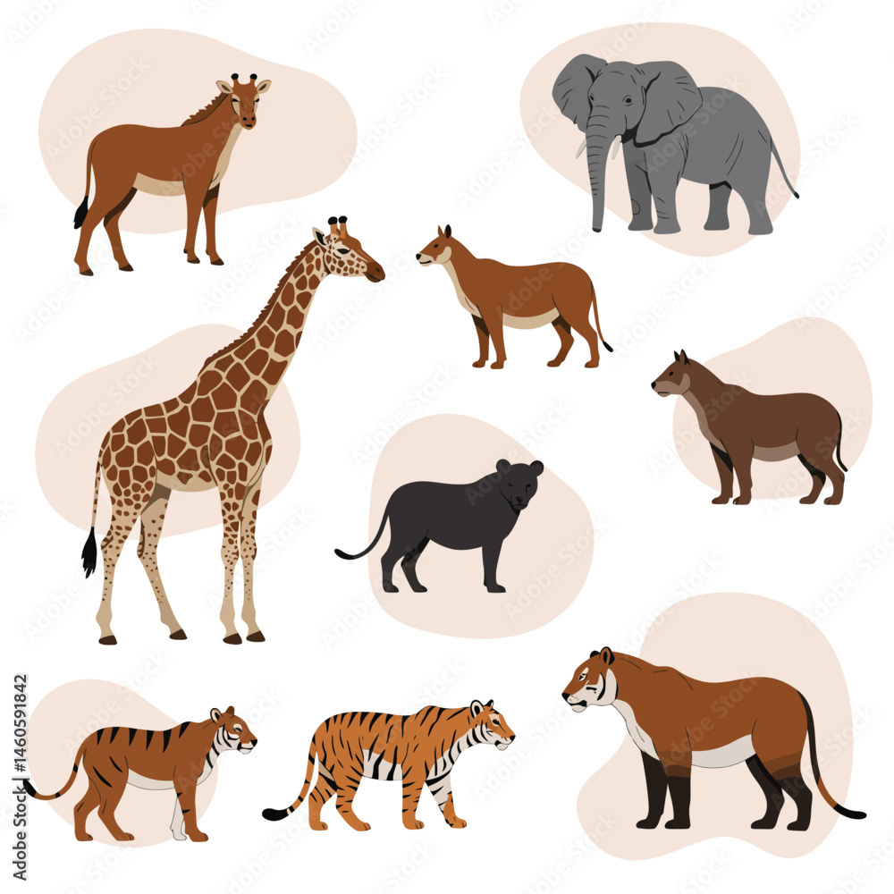 Fototapeta premium African wildlife animals including giraffe elephant tiger and wild dog in vector illustration style 