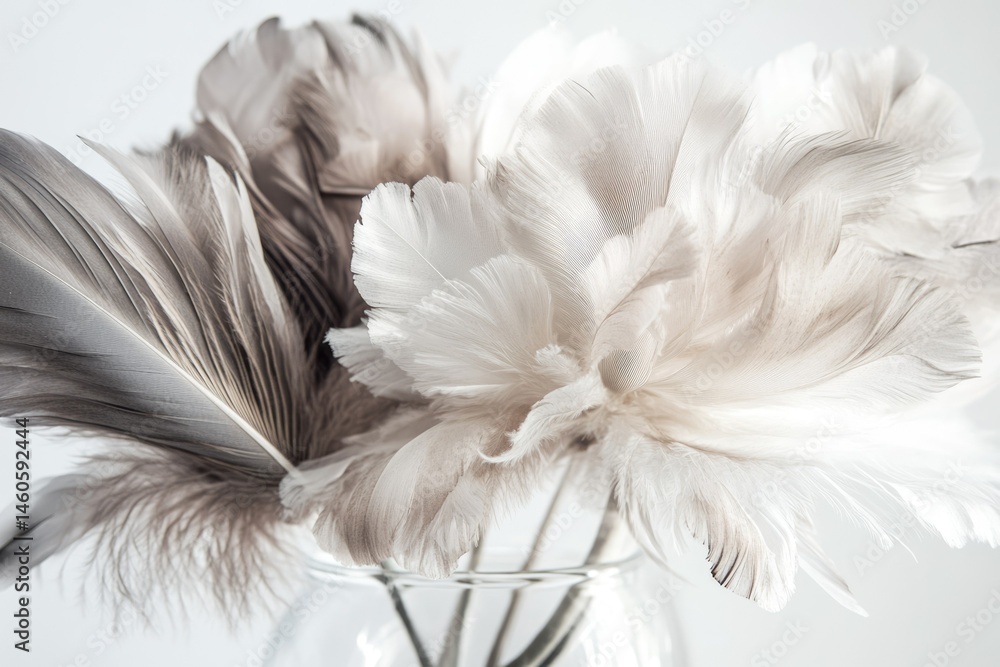 Elegant arrangement of soft, neutral-toned feathers in a glass vase, creating a serene and minimalist aesthetic. Elegant arrangement of soft, neutral-toned feathers in a glass vase, creating a serene and minimalist aesthetic.