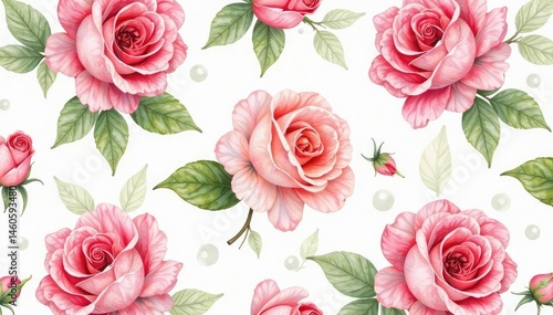 Delicate watercolor roses repeat in a soft, vintage pattern , pretty, illustration