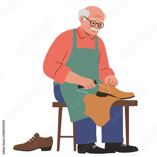 Elderly shoemaker working leather - silver-haired craftsman in artisan workshop bending over leather goods, his skilled hands showcasing centuries-old leatherworking traditions.