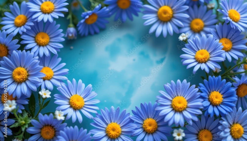 Obraz premium Vibrant blue daisy flowers framing calm aqua background nature floral arrangement outdoor close-up seasonal beauty