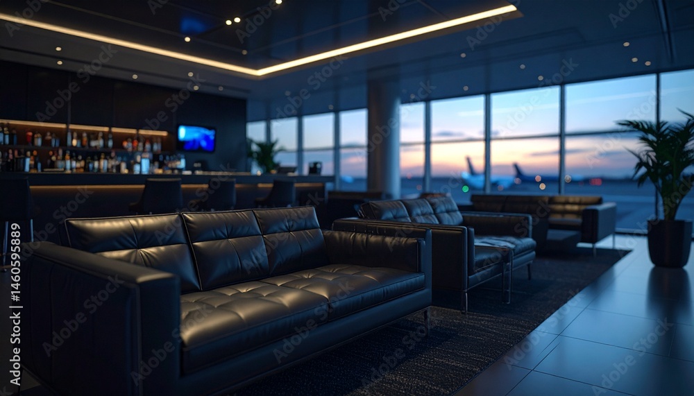 Fototapeta premium Exclusive airport lounge interior, well-maintained leather sofas, minibar