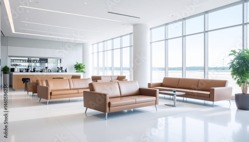 Exclusive airport lounge interior, well-maintained leather sofas, minibar