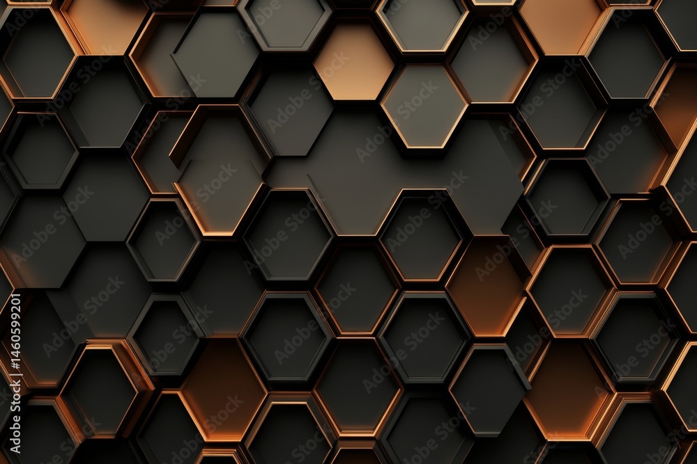 Abstract geometric pattern of layered hexagons in dark and copper tones Abstract geometric pattern of layered hexagons in dark and copper tones