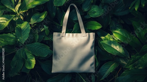Wallpaper Mural Ecological fabric bag presentation amid vibrant green foliage pattern Torontodigital.ca