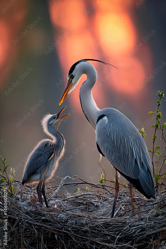 Fototapeta premium Heron Family Bond Shines During Sunset in Serene Nesting Environment
