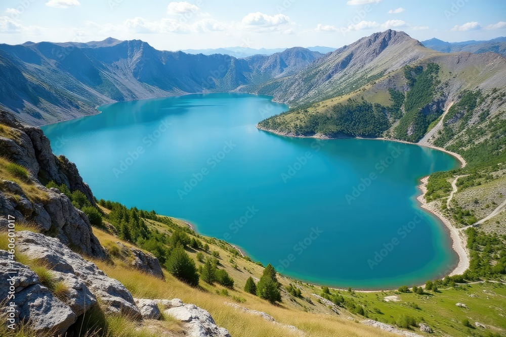 Irregular shaped lake with winding shoreline, rocky outcrops, birdseye, water Irregular shaped lake with winding shoreline, rocky outcrops, birdseye, water