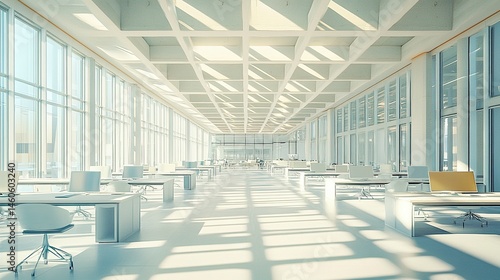 A bright  spacious open-plan office with rows of minimalist desks arranged neatly  natural sunlight streaming through large windows to illuminate the modern design 