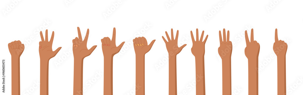 Flat cartoon hand set show diverse finger gestures. Illustration displays various bare palm positions and numbers. Ideal for classroom, math education, and playful learning environments. Flat cartoon hand set show diverse finger gestures. Illustration displays various bare palm positions and numbers. Ideal for classroom, math education, and playful learning environments.