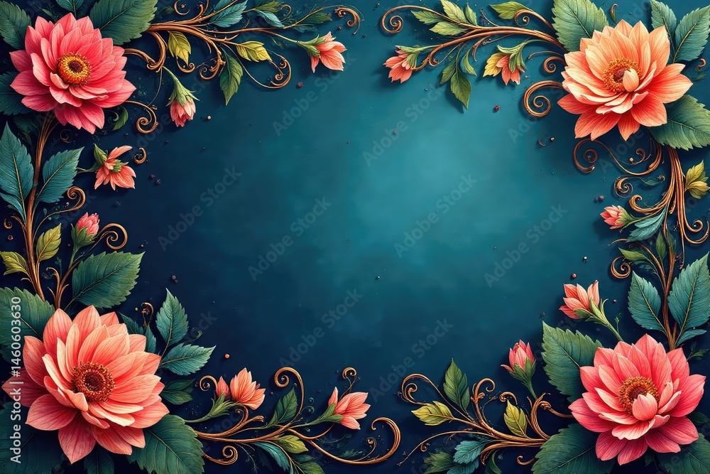 Intricate floral damask, swirling vines & leaves, luxury, artwork, ornament