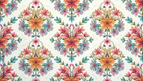 Intricate floral pattern, pastel hues, repeating design, design, bright