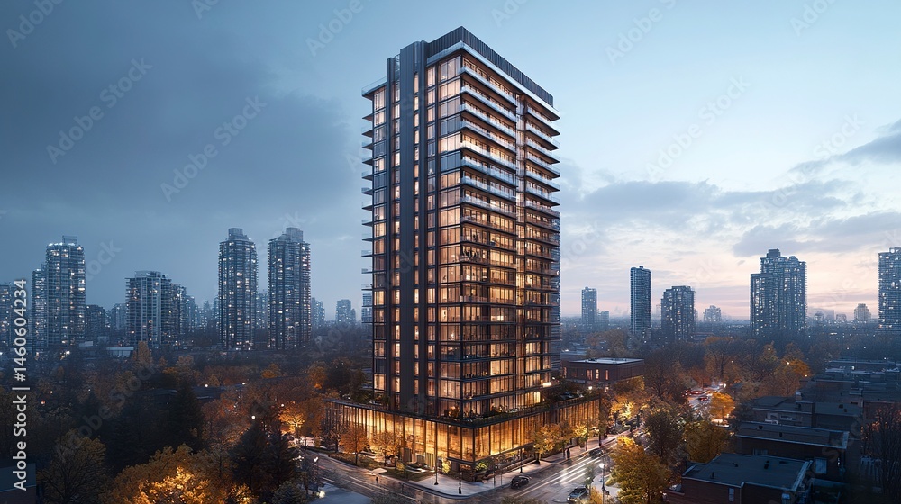 Obraz premium A contemporary high-rise building with a polished exterior and minimalist design, its towering presence exuding corporate ambition and achievement