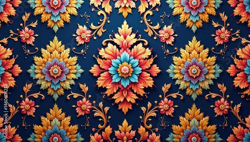 Intricate floral damask textile, repeating motif, floral, design pattern, surface