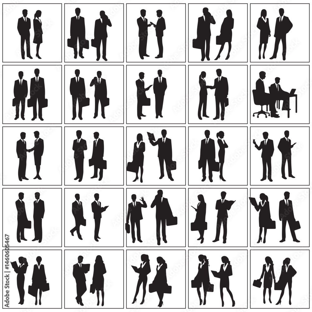 This vector illustration set features silhouette icons of diverse people, including business figures and family groups, perfect as symbols for various designs This vector illustration set features silhouette icons of diverse people, including business figures and family groups, perfect as symbols for various designs